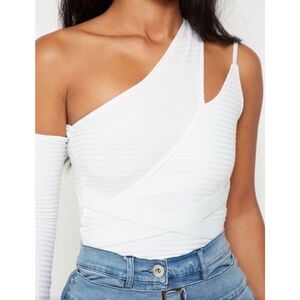 NWT Maniere De Voir White One Sleeve Ribbed Bodysuit UK 10/US 6